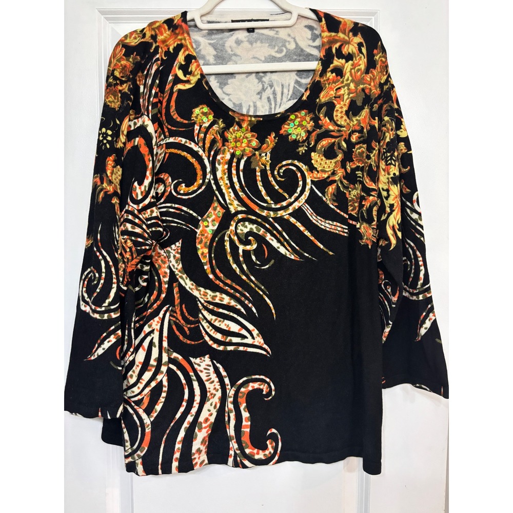 Pierri New York Women 2X Black Baroque Scroll Sequin Knit Top 3/4 Sleeve Sweater